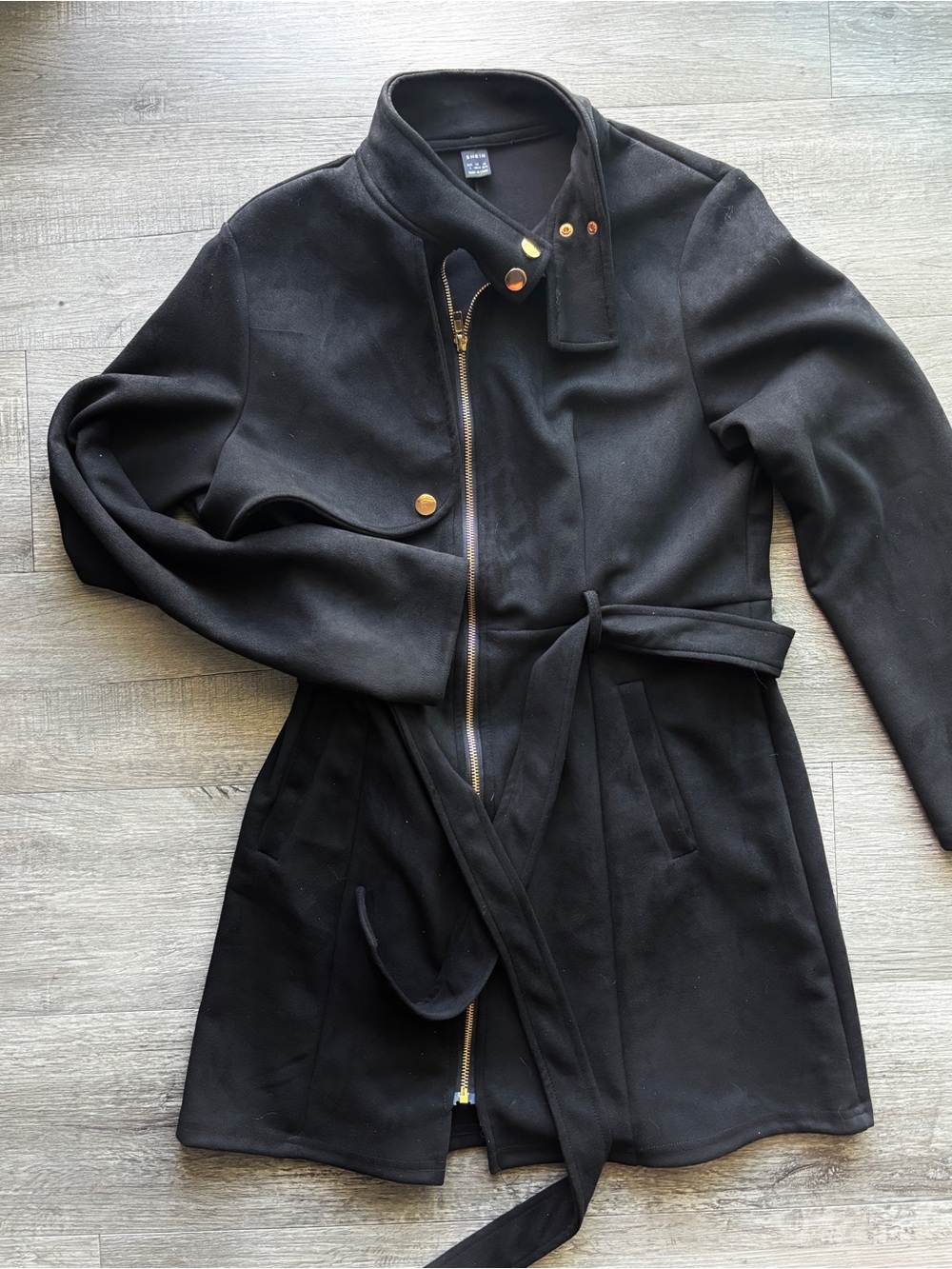 SHEIN Black Belted Asymmetrical Zip Trench Coat